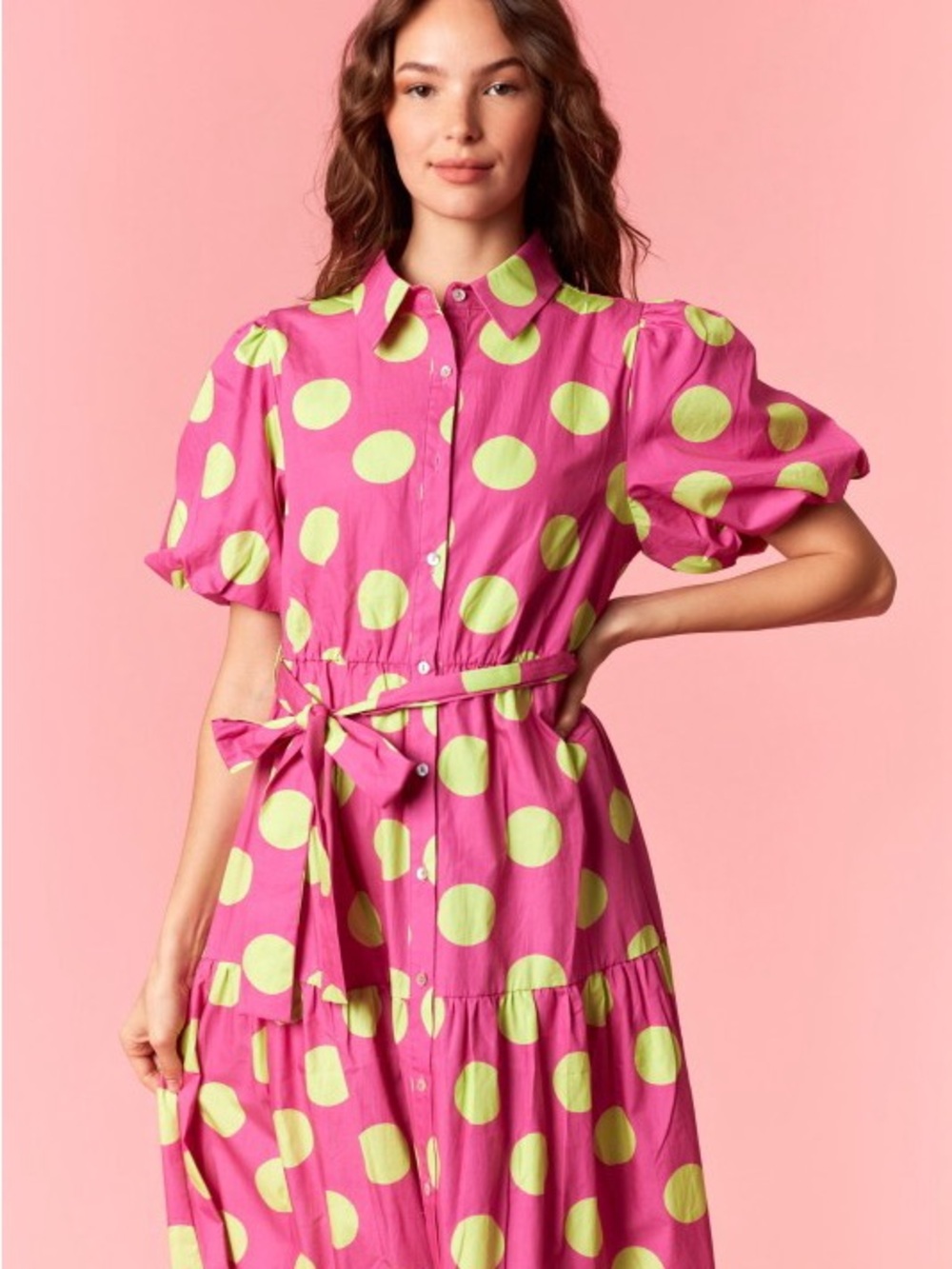 NWT PINK POLKA DOT COTTON POPLIN PRINTED PUFF SLEEVE MAXI DRESS POCKETS - Picture 7 of 9